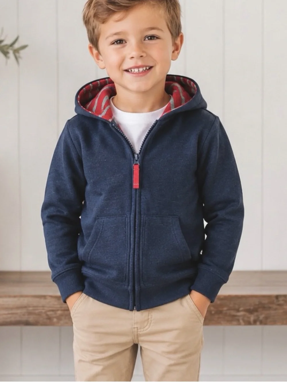 Lands End Blue Zip Front Hoodie Jacket with Waffle Knit Lining Size 5-6